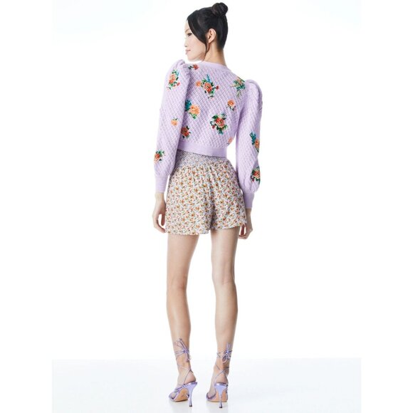 Alice + Olivia Morita Lavender Multi Floral Puff Sleeve Cardigan XS - Picture 8 of 15